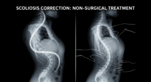 X-ray showing a curved spine corrected through non-surgical scoliosis treatment, with hands supporting spinal alignment.