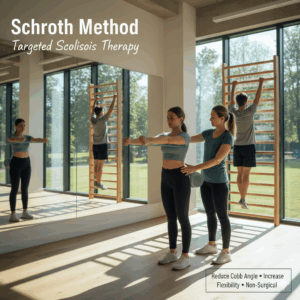The image shows a bright, Social Relief of modern physical therapy space with large windows looking out onto greenery. In the foreground, a young woman performs an exercise with a resistance band, guided by a female therapist who is gently adjusting her posture. Both are focused on the exercise. In the background, two wall bars are visible, with a man performing an exercise on one of them, his back to the viewer. Another wall mirror reflects the scene, adding depth. Overlayed text reads "Schroth Method Targeted Scoliosis Therapy" in the upper left, and a small box in the lower right lists "Reduce Cobb Angle • Increase Flexibility • Non-Surgical.