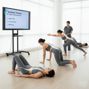 A person performing a safe, low-impact exercise like the Bird-Dog or Cat-Cow pose, demonstrating gentle movement alternatives for scoliosis rehabilitation and core stability.