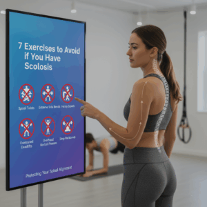 A woman in athletic wear pointing at a screen displaying '7 Exercises to Avoid if You Have Scoliosis,' with a stylized representation of a spine overlaid on her back, highlighting spinal alignment considerations during exercise.