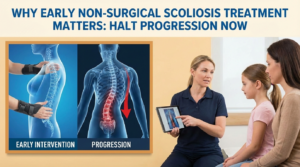 The image features a side-by-side comparison of spinal early intervention versus curve progression, alongside a doctor showing a digital X-ray to a young patient and her mother. Why Early Scoliosis Treatment is Crucial for Curve Management