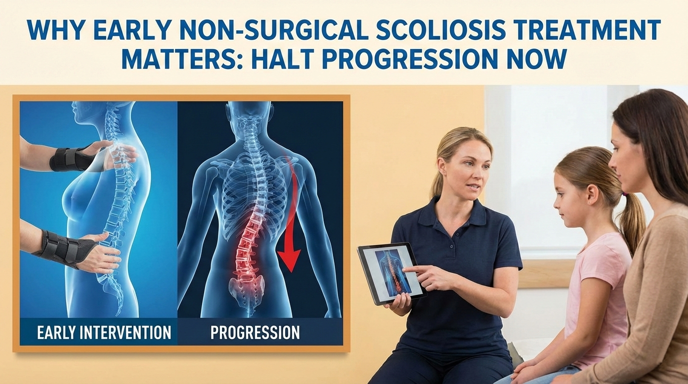 The image features a side-by-side comparison of spinal early intervention versus curve progression, alongside a doctor showing a digital X-ray to a young patient and her mother. Why Early Scoliosis Treatment is Crucial for Curve Management